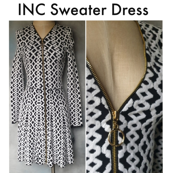 INC International Concepts Dresses & Skirts - INC Wm Black & White Geometric Sweater Fit & Flare A-Line Dress w/ V-Neck Zip Sm